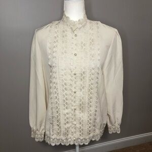 Vintage 70s Vibe mock neck winter white long sleeve button down blouse
